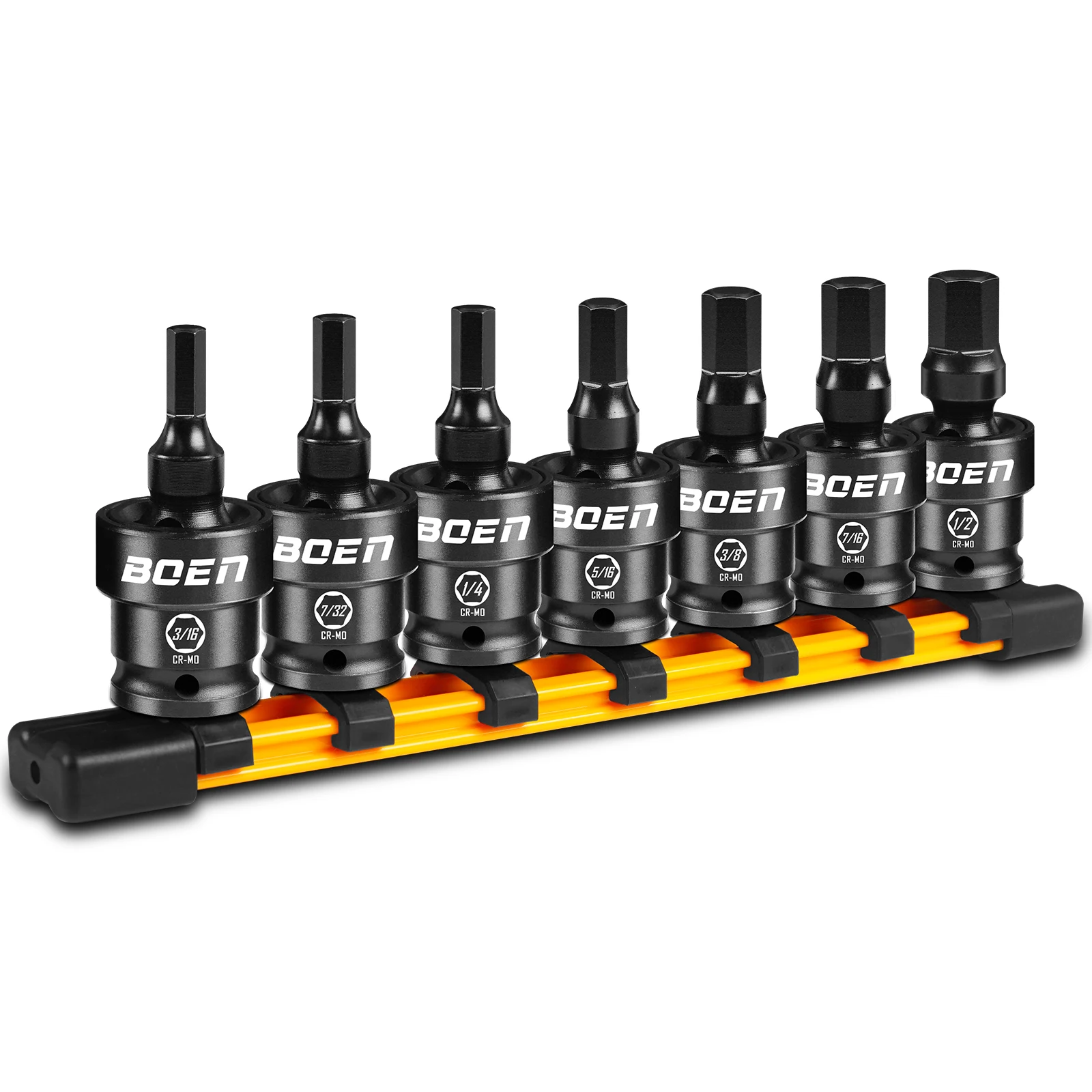 Boen 3/8 "محرك 7 قطع SAE Impact Swivel Allen Bit Socket Set، 360 °   سائق Wobble Hex، حاجز تخزين، فولاذ CR-MO