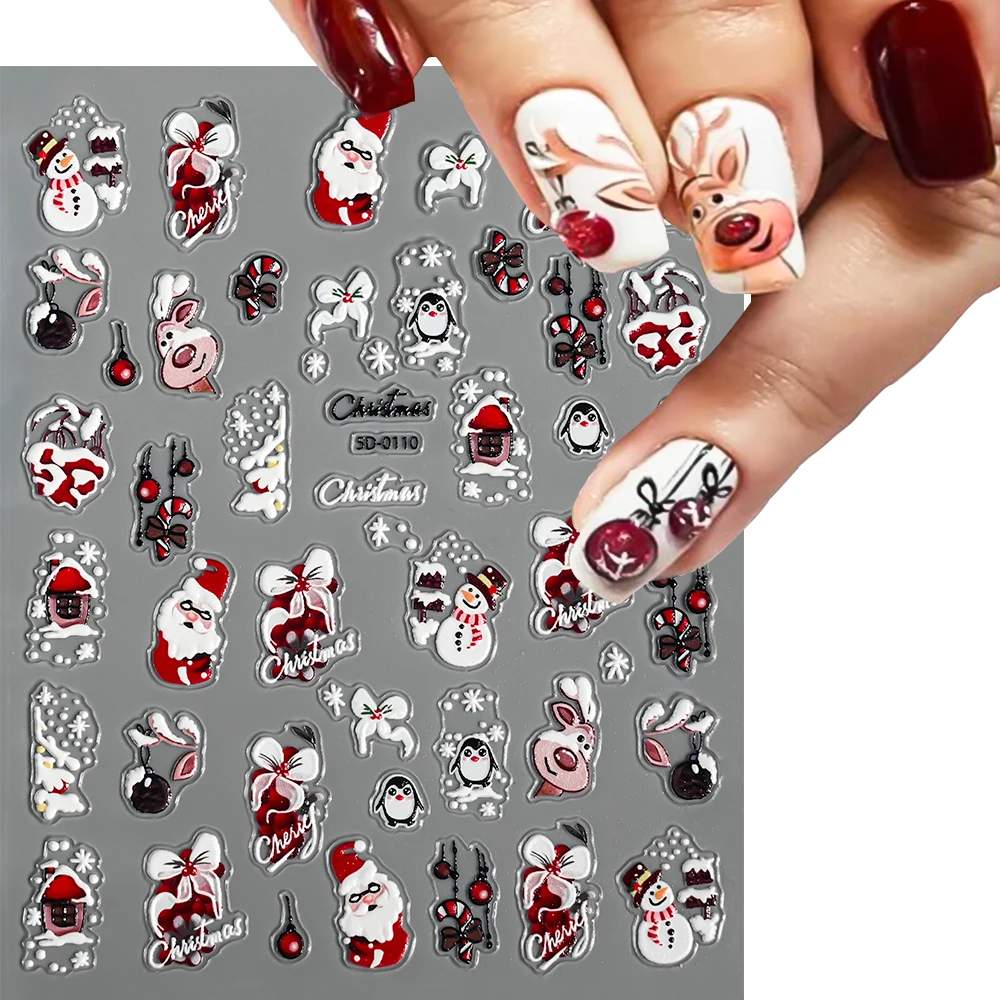 1Pcs 5D Embossed Christmas  Nail Stickers Gingerbread Man Santa Claus Winter Relief Cartoon Decals DIY New Year Manicure Decorat