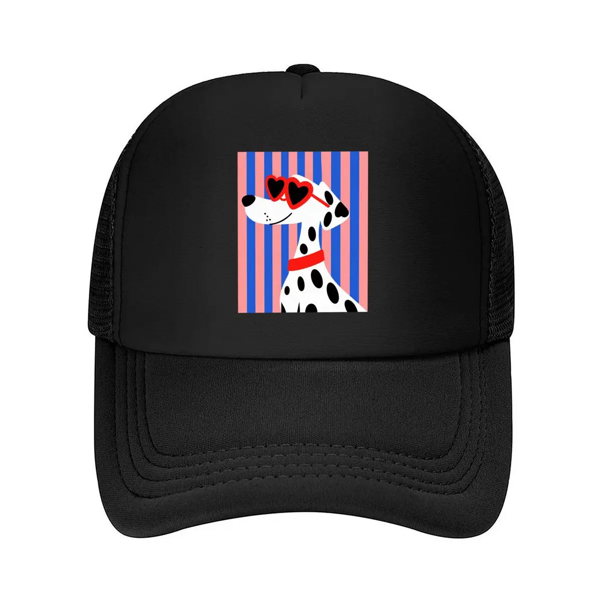 Dalmatian Dog Wearing Heart Shaped Sunglasses Pink Blue Stripes Mesh Baseball Cap Hip Hop