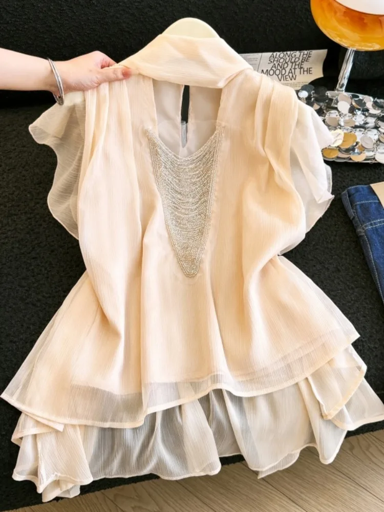 

Pink Sash Splice Tassel Short Sleeve Women's Summer New Design Sensation Lotus Leaf Top Flowy Chiffon Blouse