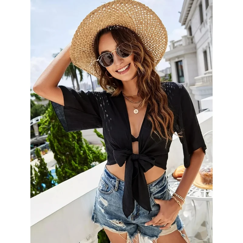 

Summer Solid Color Fashion Women's Tie-Up Short Kimono Cover-Up