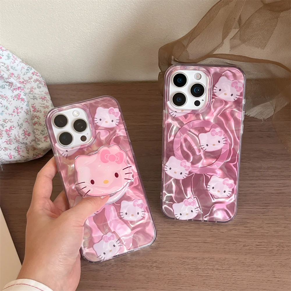 

Cute Hello Kitty for Magsafe Magnetic Bracket Phone Case for IPhone16 15 14 13 Pro Max Laser Dazzling Aurora Water Ripple Cover