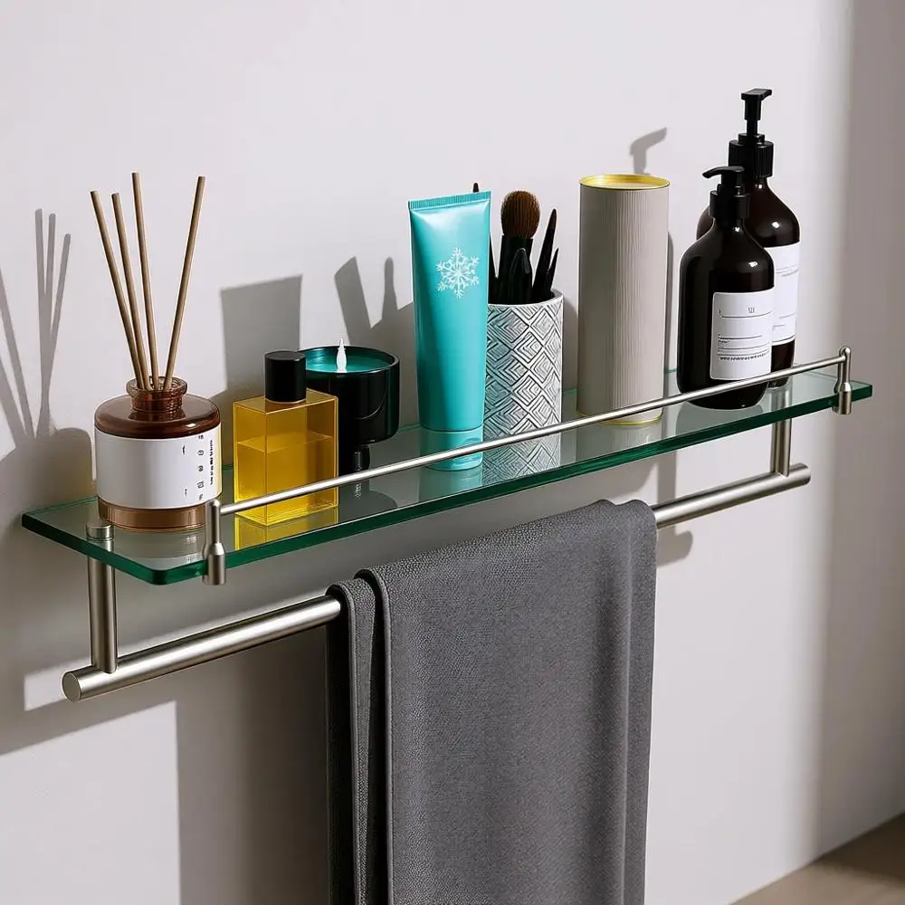 

24-Inch Wall-Mounted Tempered Glass Shelf with Towel Bar in Brushed Nickel Stainless Steel