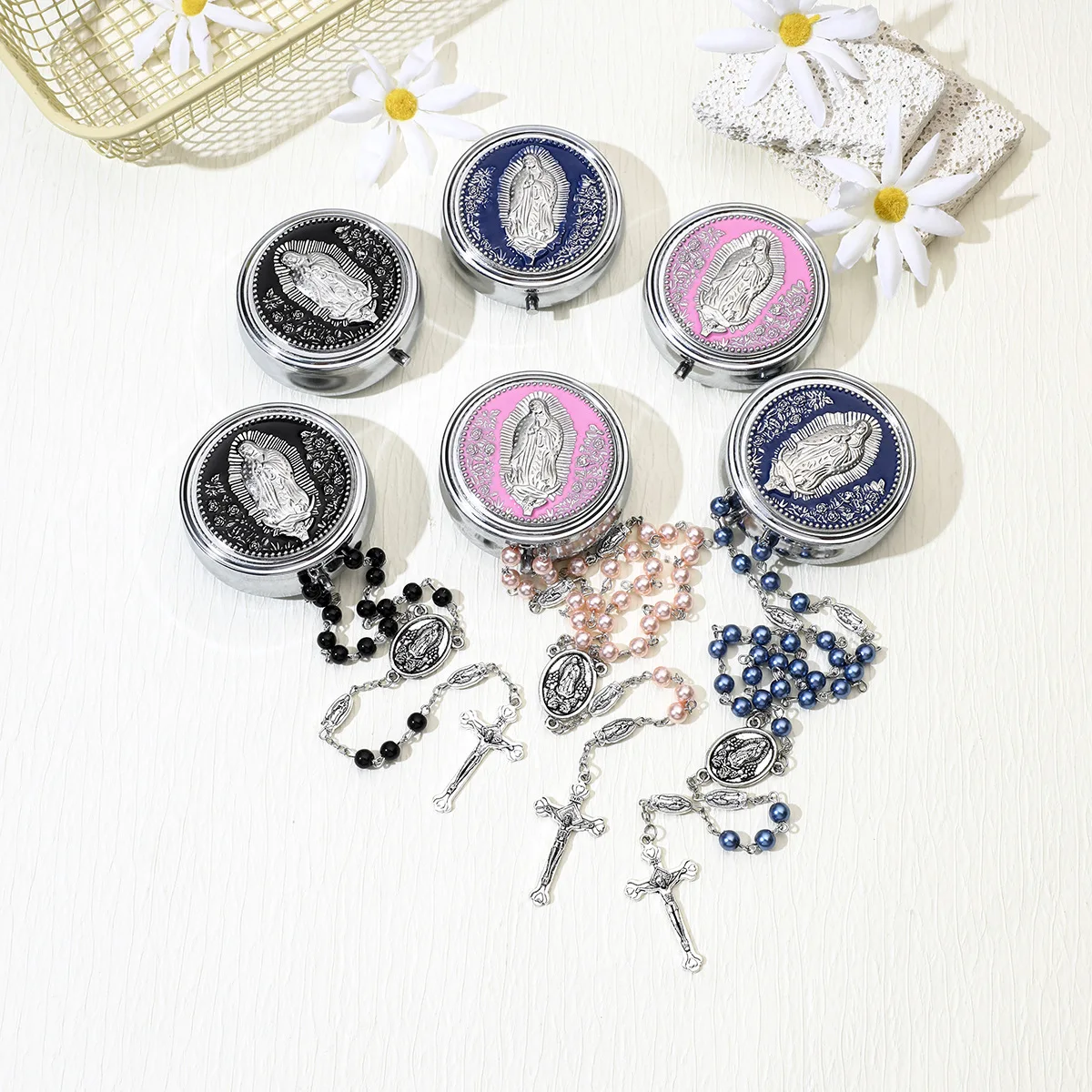 

New 6mm Glass Pearl Rosary Necklace with Guadalupe Mirror Box Catholic Prayer Beads Necklace with for Baptism Communion Prayer