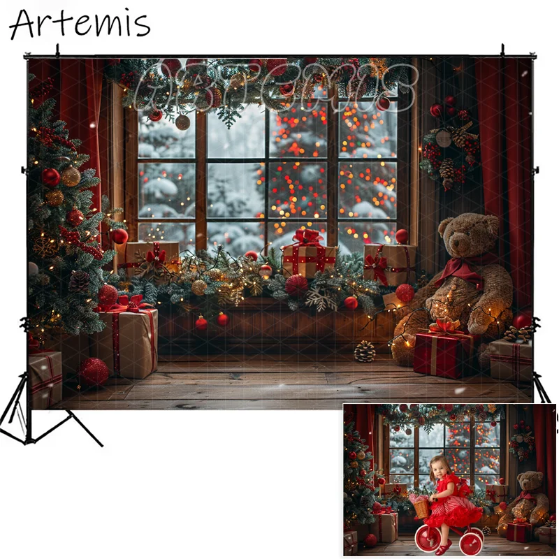 Christmas Photography Backdrops Winter Window Red Curtains Gift Baby Kids Family Portrait Decorative Background Photocall Props
