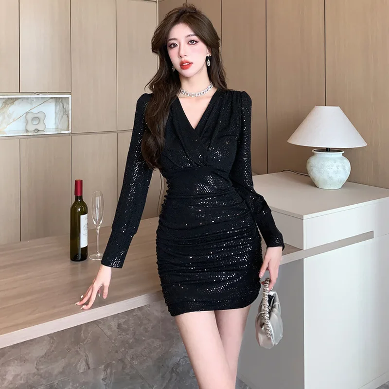 Black Long Sleeve Evening Dress Women Sexy V-neck Sequin Mini Hip Package Dresses for Party High Waist Slim Short Prom Gown