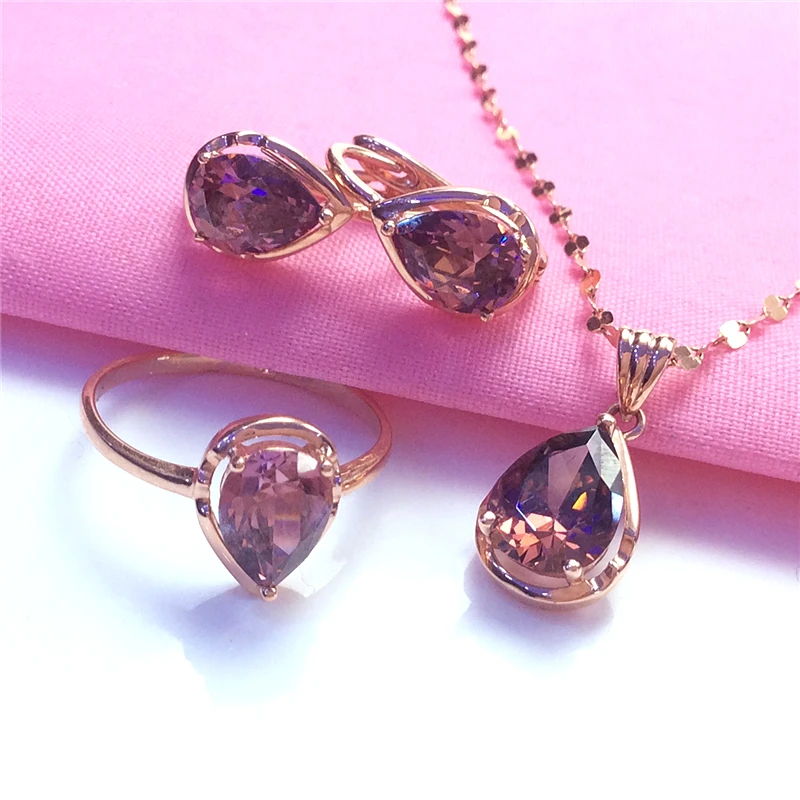 

585 purple gold 14K rose gold water drop amethyst jewelry sets romantic delicate earrings for women wedding ring necklace Gift