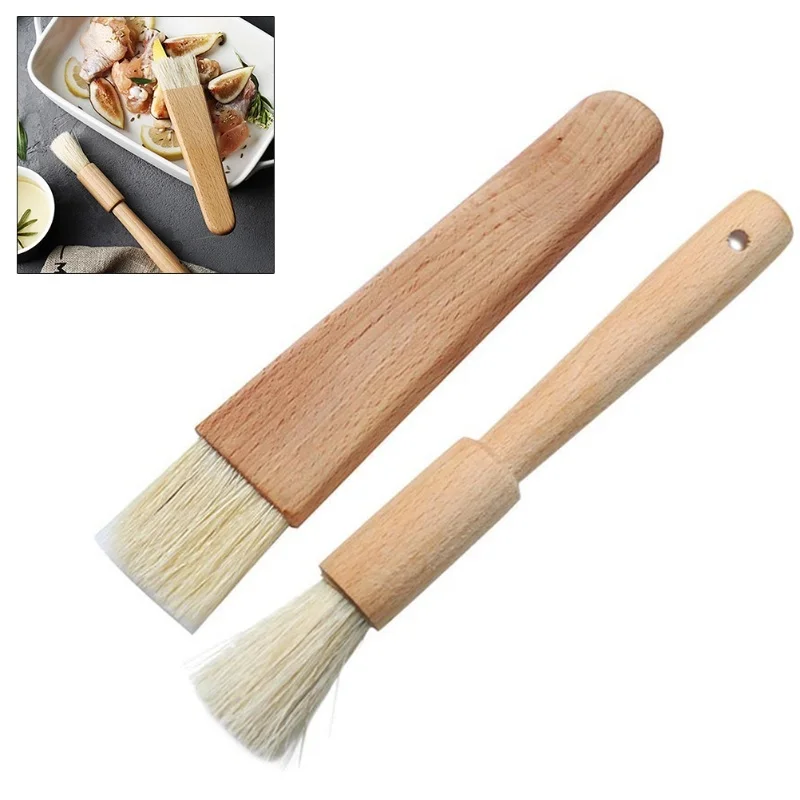2Pcs BBQ Basting Brushes Oil Sauce Barbecue Grill Brushes Wood Handle Baking Pastry Butter Honey Brush Wooden Kitchen Utensils