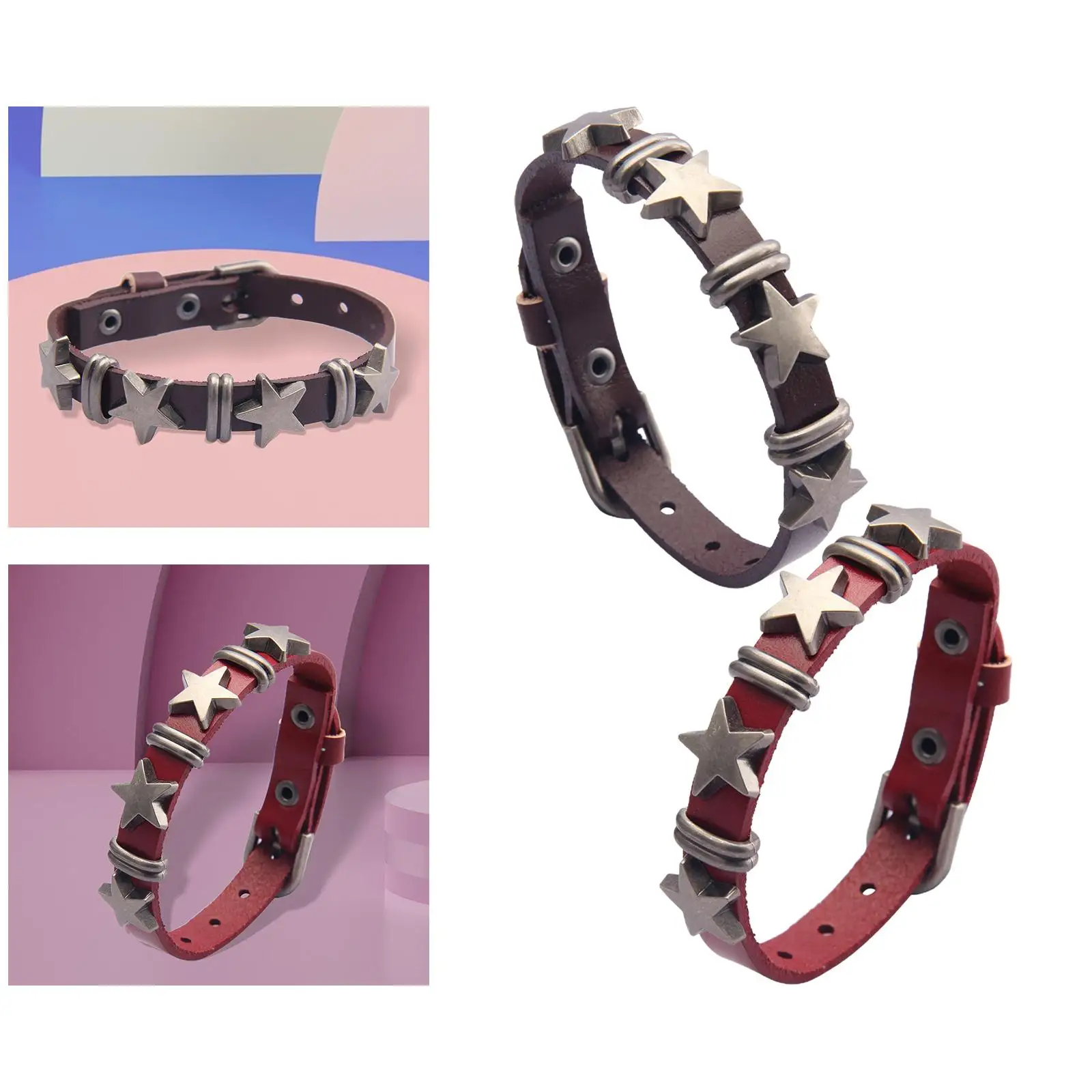 Star PU Leather Studded Bracelet Gift Gothic Rock Jewelry for Girls Boys