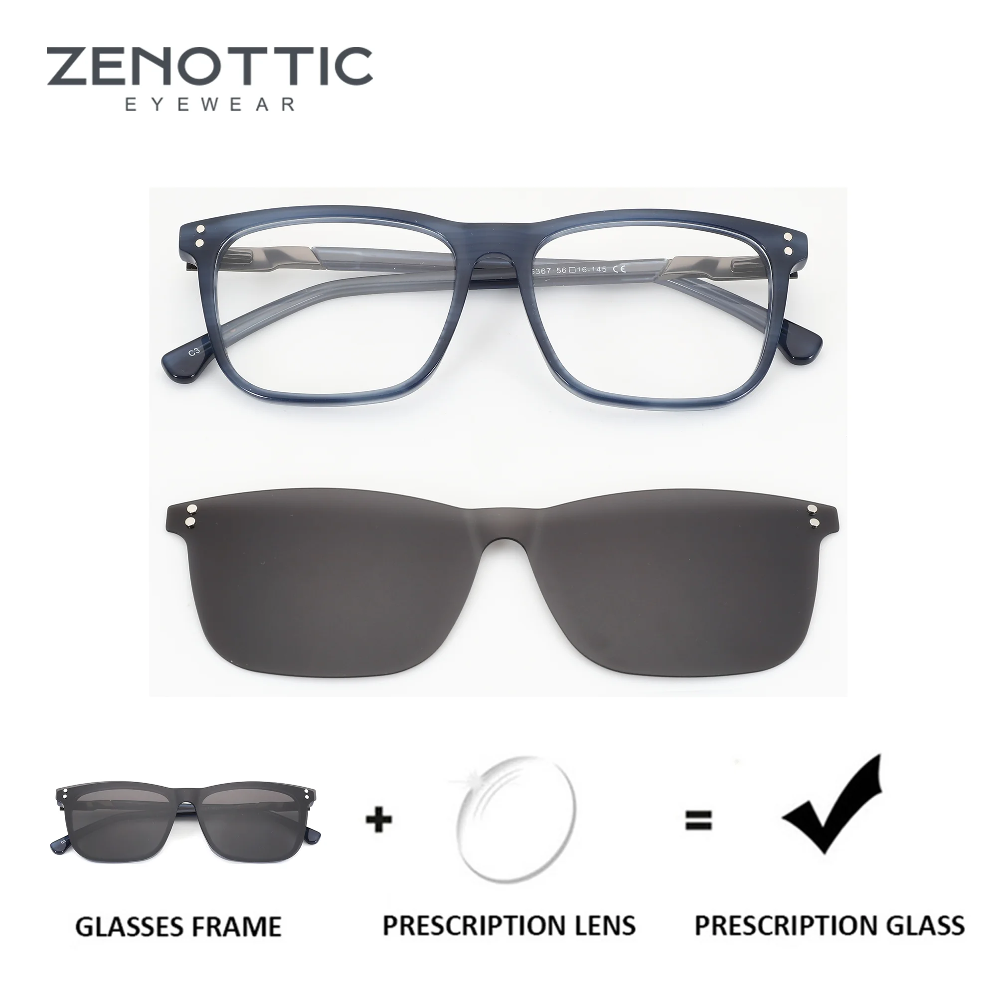 zenottic-スクエアアセテートクリップオンカスタム処方メガネ男性用ブルーライトプログレッシブ多焦点-近視眼鏡