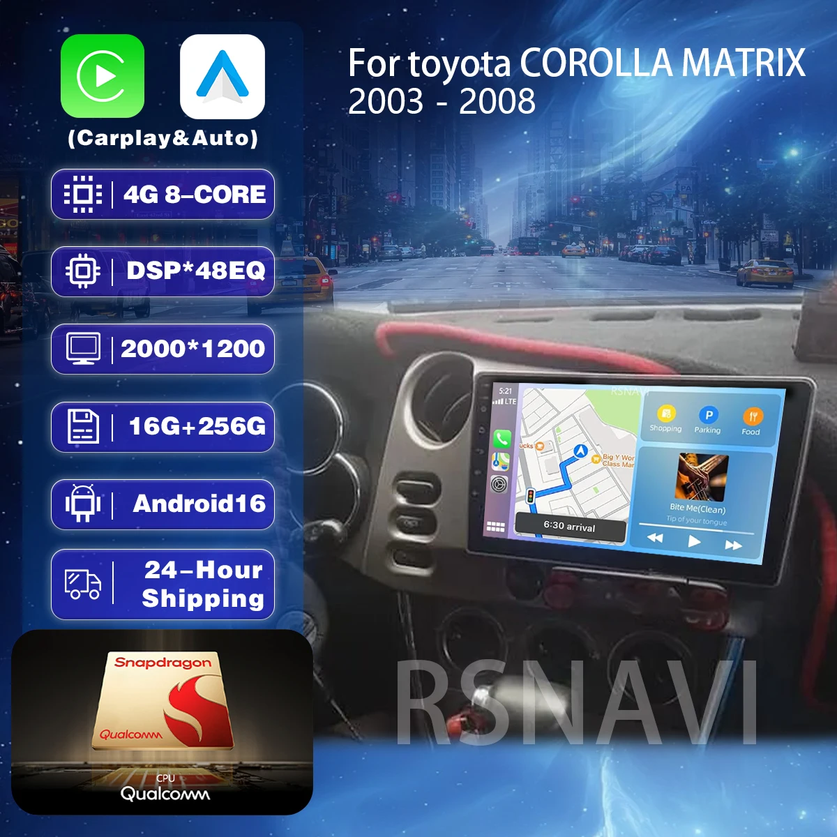 Plug and Play Android 16 Carplay Auto Qualcomm Screen Car Radio Player For Toyota Corolla Matrix 2003-2008 DSP Multimedia Stereo