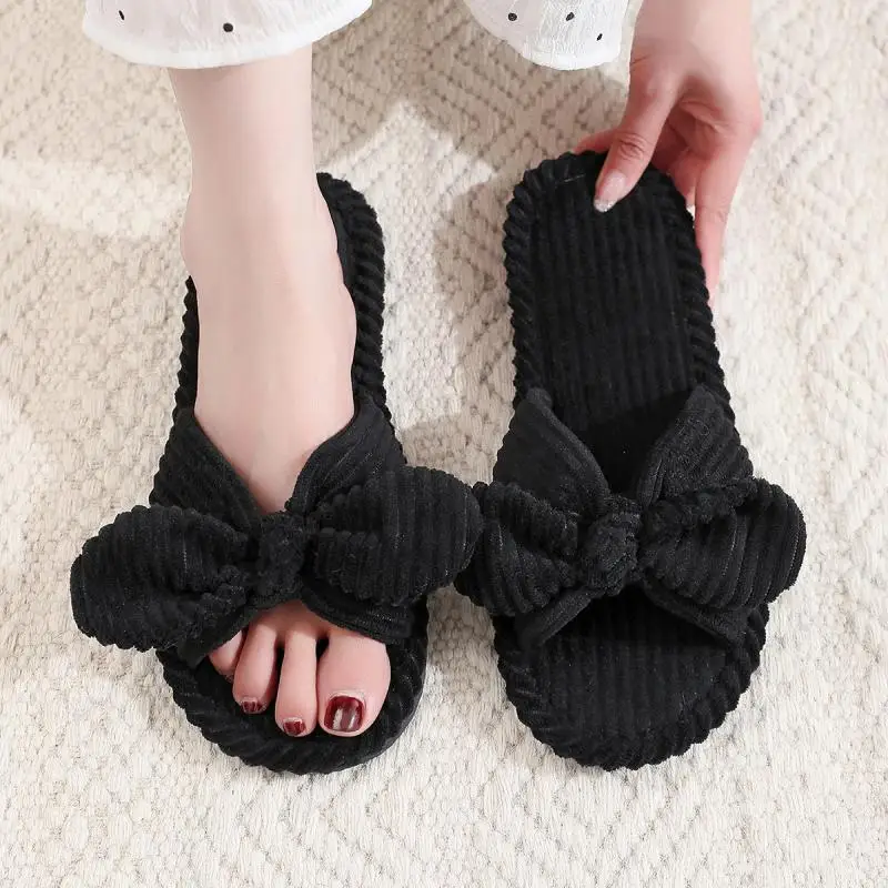 2026 Winter Süße Schleifenknoten-Hausschuhe für Damen, Trendige Cord-Baumwoll-Pantoffeln, EVA Rutschfeste Wohnzimmer-Schuhe, Flach – Detail 8