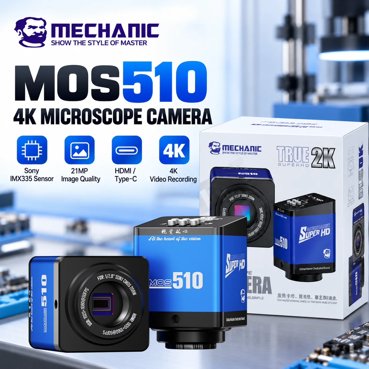 MECHANIC MOS-510 4K Industrial Microscope Camera IMX335 HDMI 2.0 Type-C C/CS Mount for Mobile Phone PCB IC Soldering Repair
