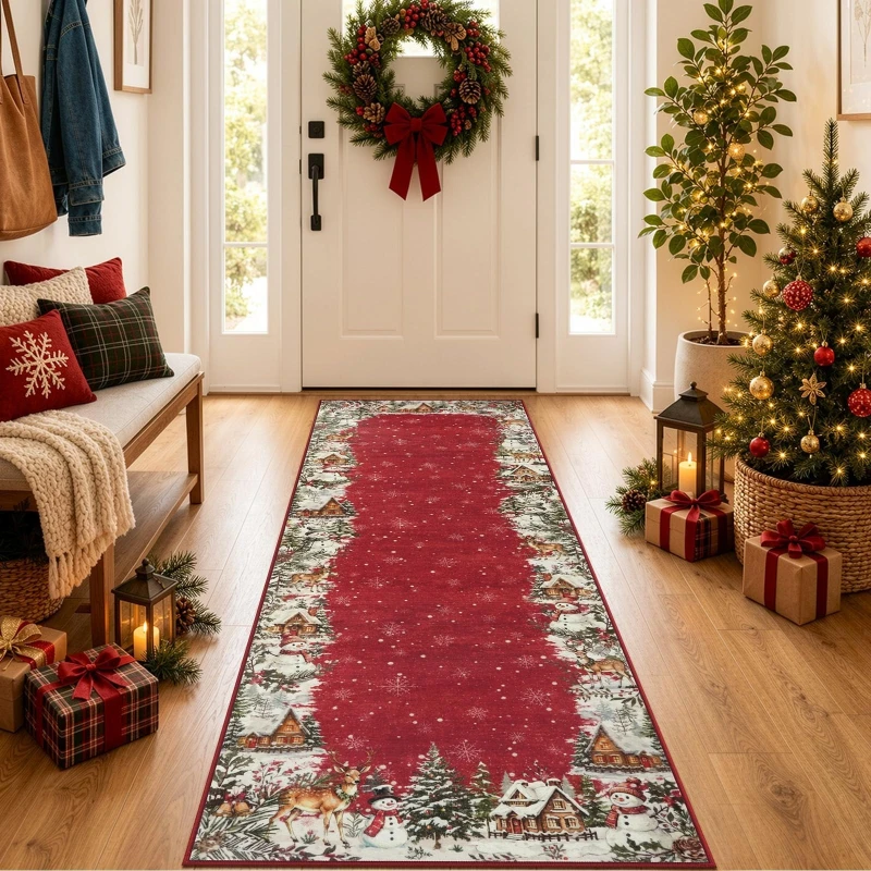 Corridor Carpet Hallway Long Runner Rug Non-slip Machine Washable Rug Christmas Vintage Red Snowflake Rugs Home Decor Carpets