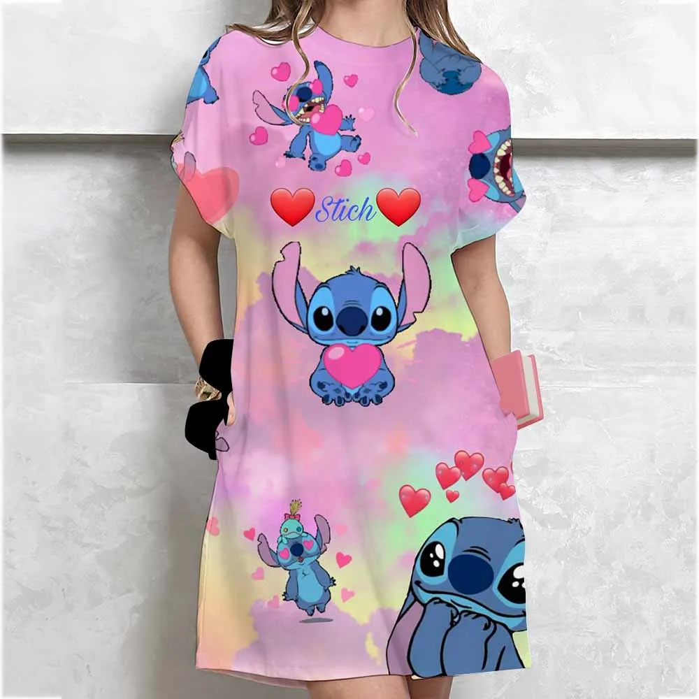 Disney Stitch sukienka z nadrukiem damska kreskówka z krótkim rękawem T-shirt z okrągłym dekoltem sukienka modna spódnica do spania codzienny podstawowy strój