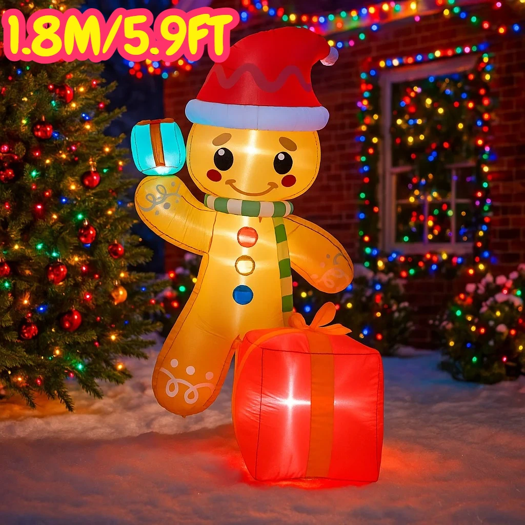 1,8 м/5,9 футов надувной пряничный человечек с подсветкой в подарочной коробке, светодиодные украшения для дома, игрушки, двор, Рождество, уличное праздничное освещение, декор