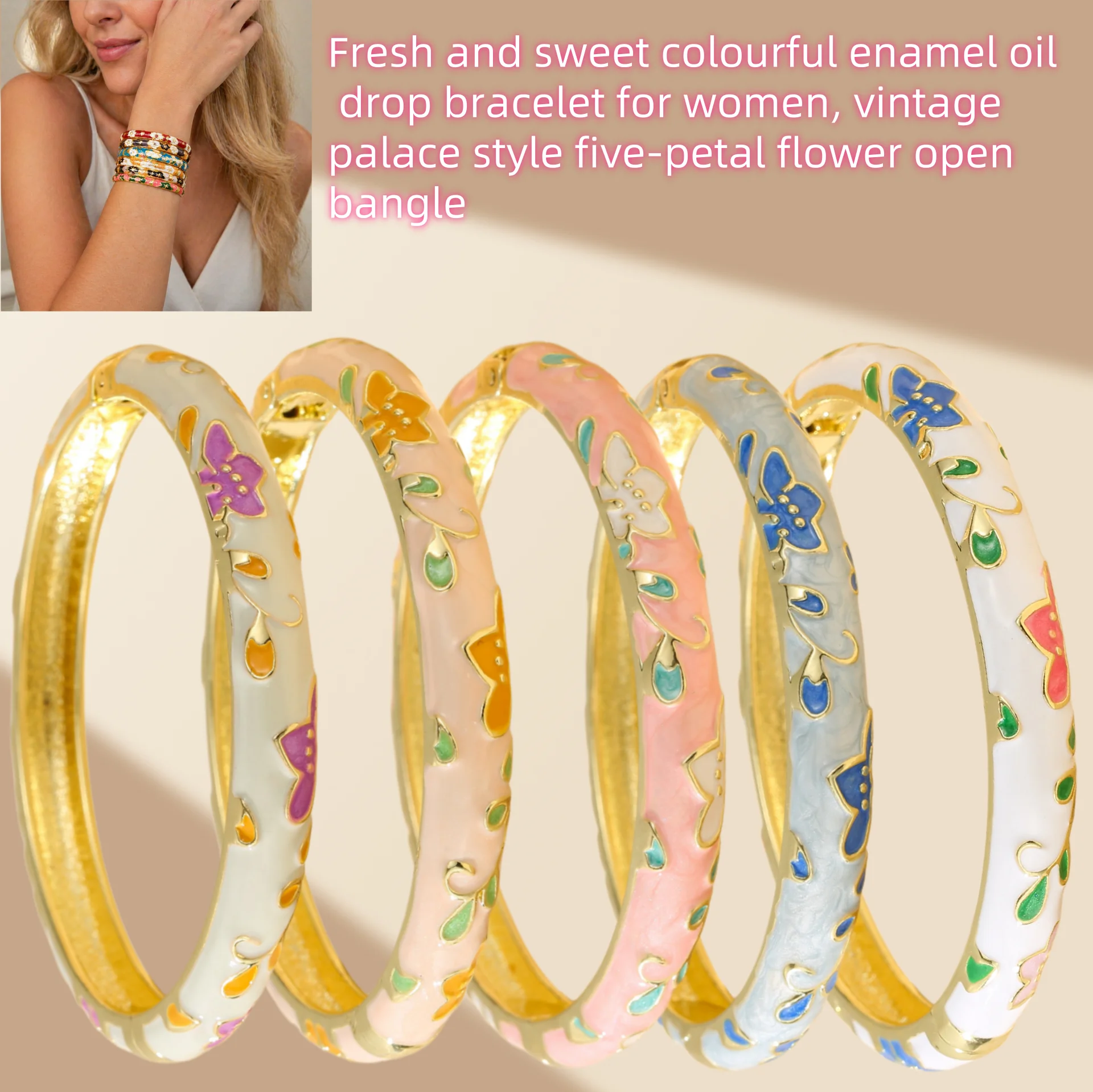 Fresh and sweet colourful enamel oil drop bracelet for women, vintage palace style five-petal flower open bangle