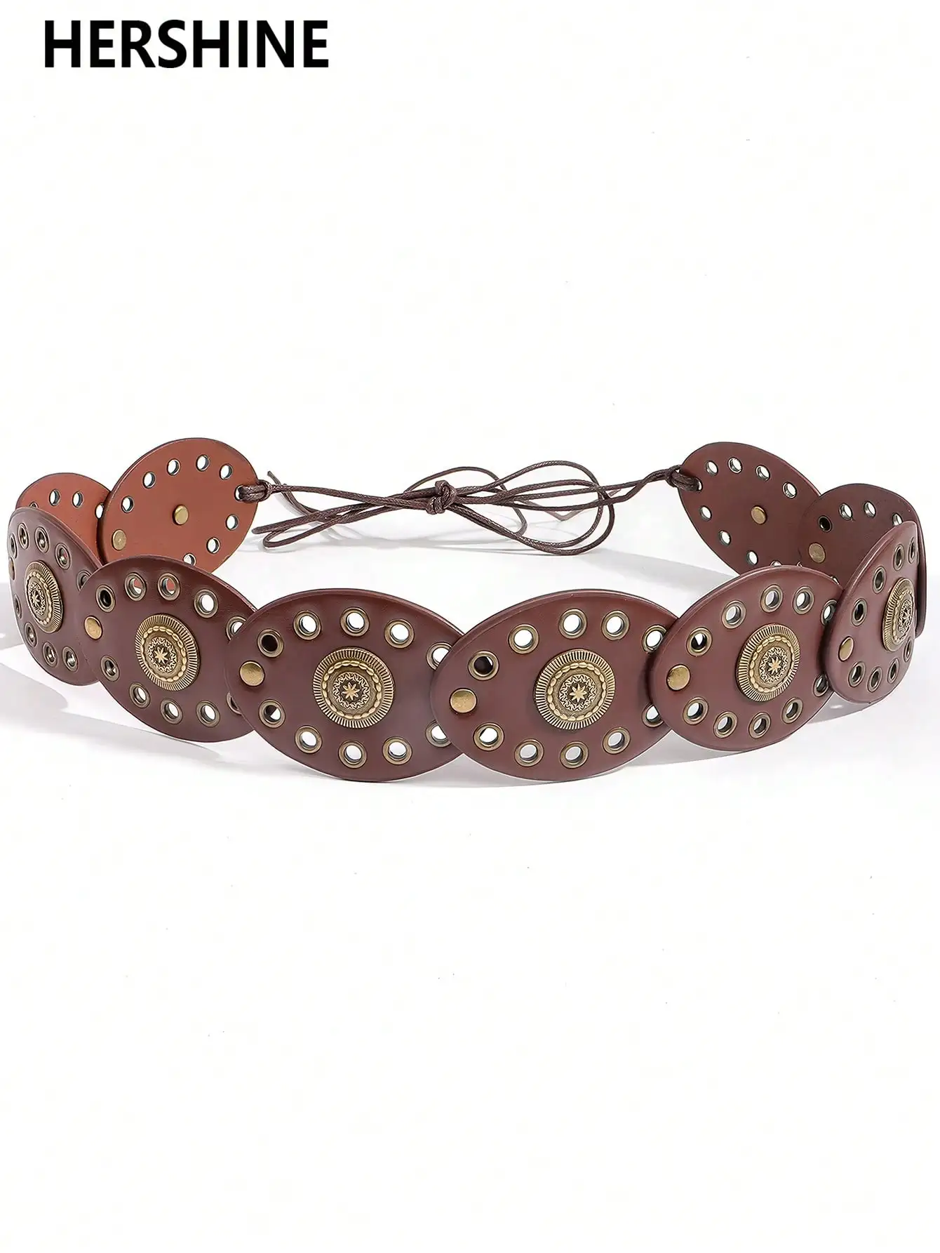 HERSHINE 1-piece women's vintage oval leather patchwork belt, a bohemian and Western-style elegant accessory，spring，summer