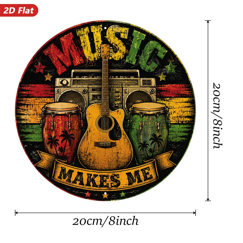 2D Flat, 1pc Reggae Music Vibes Round Metal Sign Wall Art, Ideal for Garden Office Kitchen, Music Makes Me, Acoustic Guitar Cent