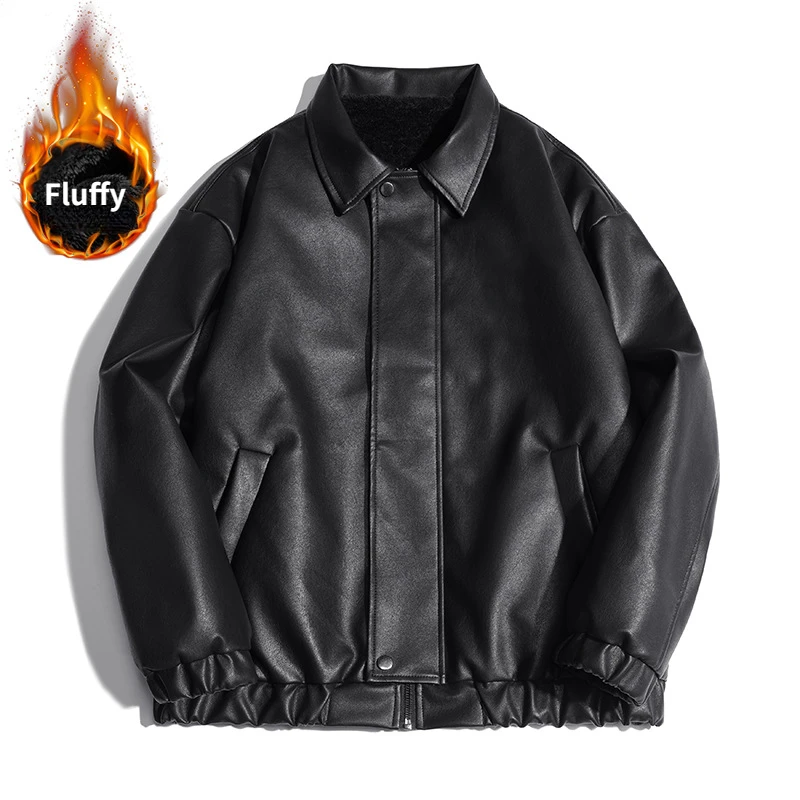 Manteau noir en similicuir PU pour garçons, veste de moto surdimensionnée, peluche moelleuse, haute qualité, fermeture éclair, motard, média