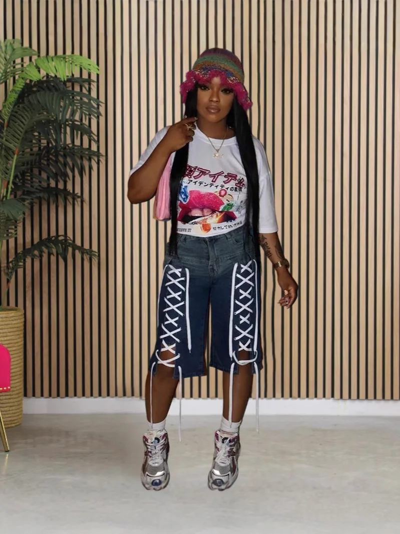 

Лето 2026, женские джинсовые шорты, прямые потертые эластичные шорты со средней талией и шнурком, свободный крой, повседневная уличная одежда со средней посадкой и молнией