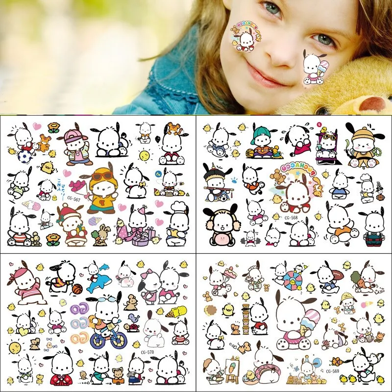 Random 2pcs Sanrio Pochacco Tattoo Stickers Cartoon Ariel Aurora Sticker Waterproof Temporary Tattoo Kids Girls Birthday Gift