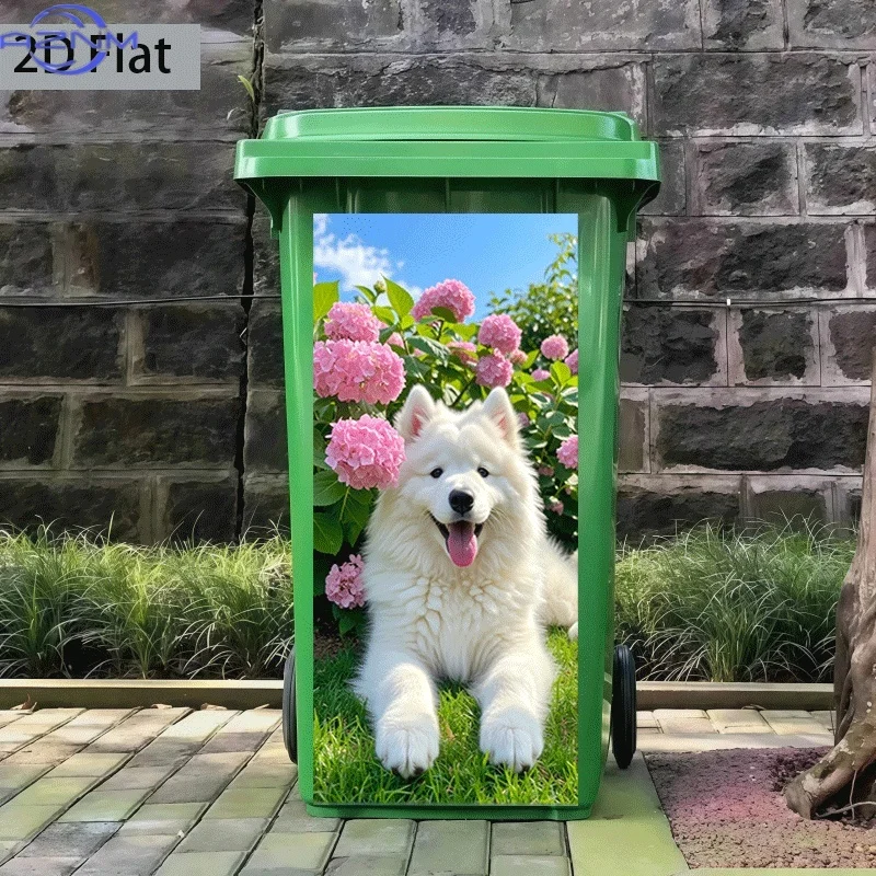 Printing Trash Can Sticker 37×82cm Samoyed and Hydrangea Themed Design Self-Adhesive Wall Decal Wallpaper for Kitchen Trash Ca
