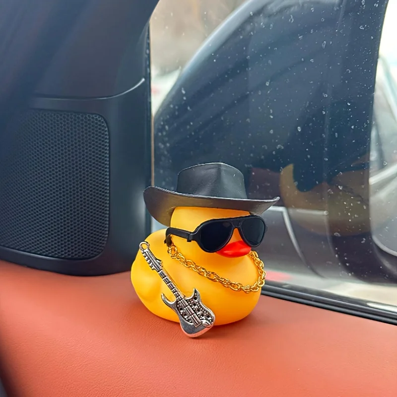 1PC Cute Black Cowboy Hat and Guitar Decor Little Yellow Duck Car Ornament, Car Decorations, Festival Gifts