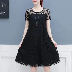 Summer New Gauze Patchwork Midi Dress Korean Polka Dot Fashion Hollow Out Female Clothing O-Neck Fake Two Pieces A-Line Dresses