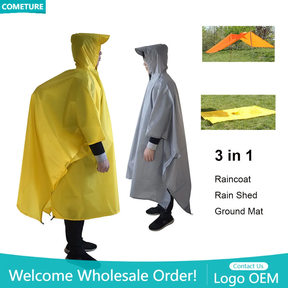 Raincoat 3 In 1 Hiking Poncho Waterproof Outdoor Camping Hunting Hiking Rain Shed Mat Awning Shelter Portable Gear Supplie