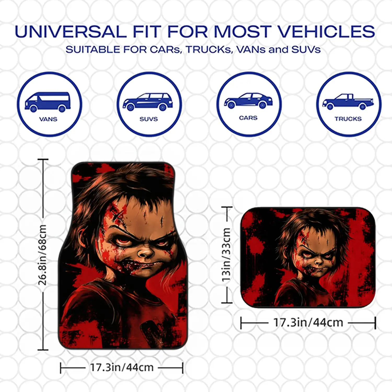 4pcs Polyester Fiber Universal Car Floor Mats, Horror Style Doll Printed Design, Durable Auto Ground Pads For Daily Driving Use