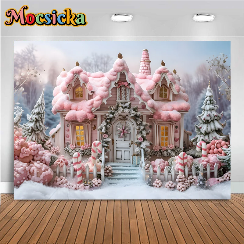 Mocsicka Christmas Photography Background Pink House Xmas Tree Snow Decoration Family Children Baby Photo Backdrop Studio Banner