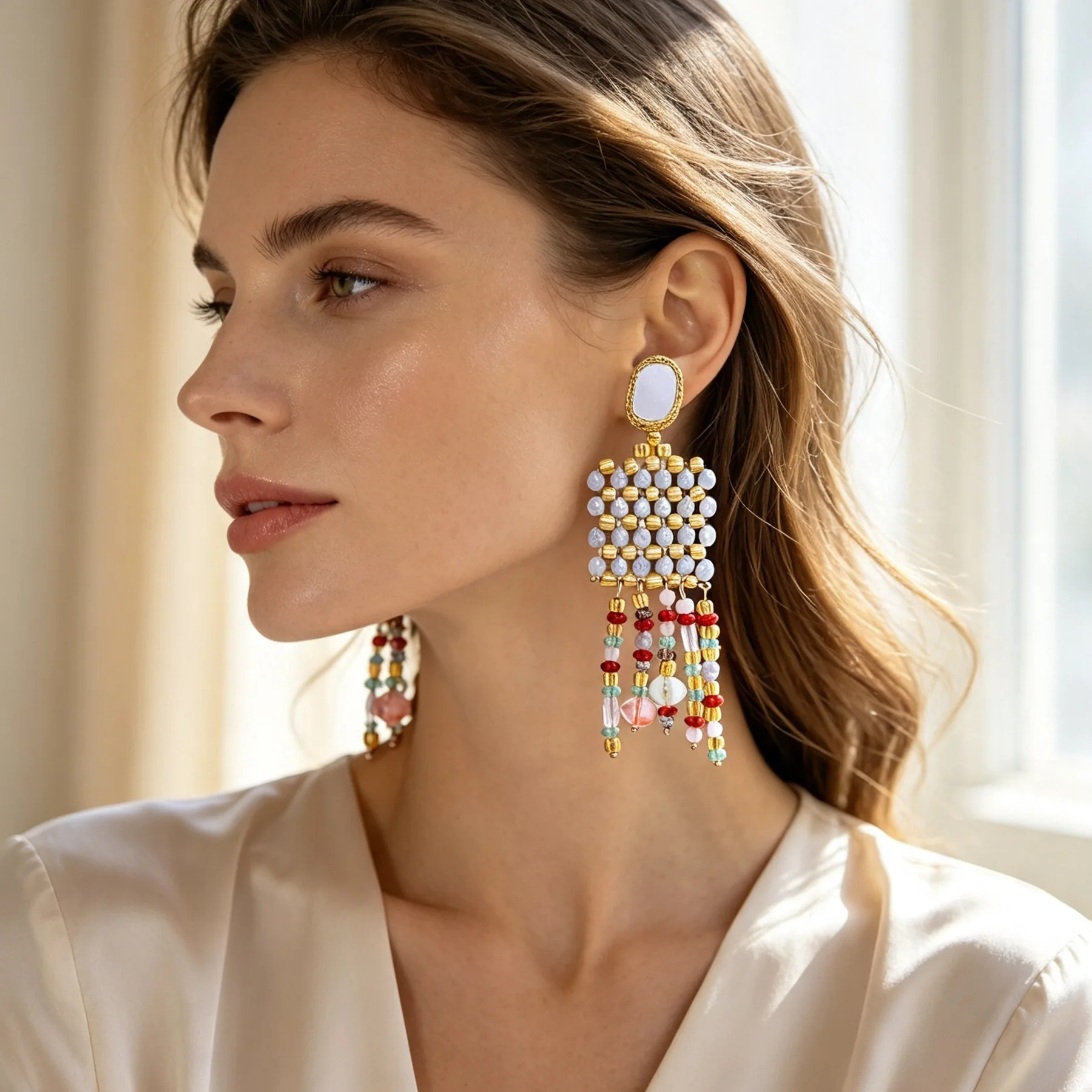 French-style Light-luxury Ethnic-inspired Handmade Beaded Tassel Alloy Womens Long Mirror-finish Drop Statement Earrings