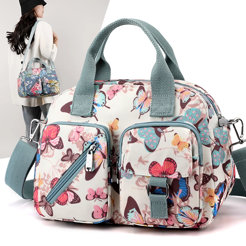 Women\'s Floral Pastoral Shoulder Bag Large Capacity Nylon HandBags Waterproof Casual Top-handle Ladies Travel Totebag Mother bag