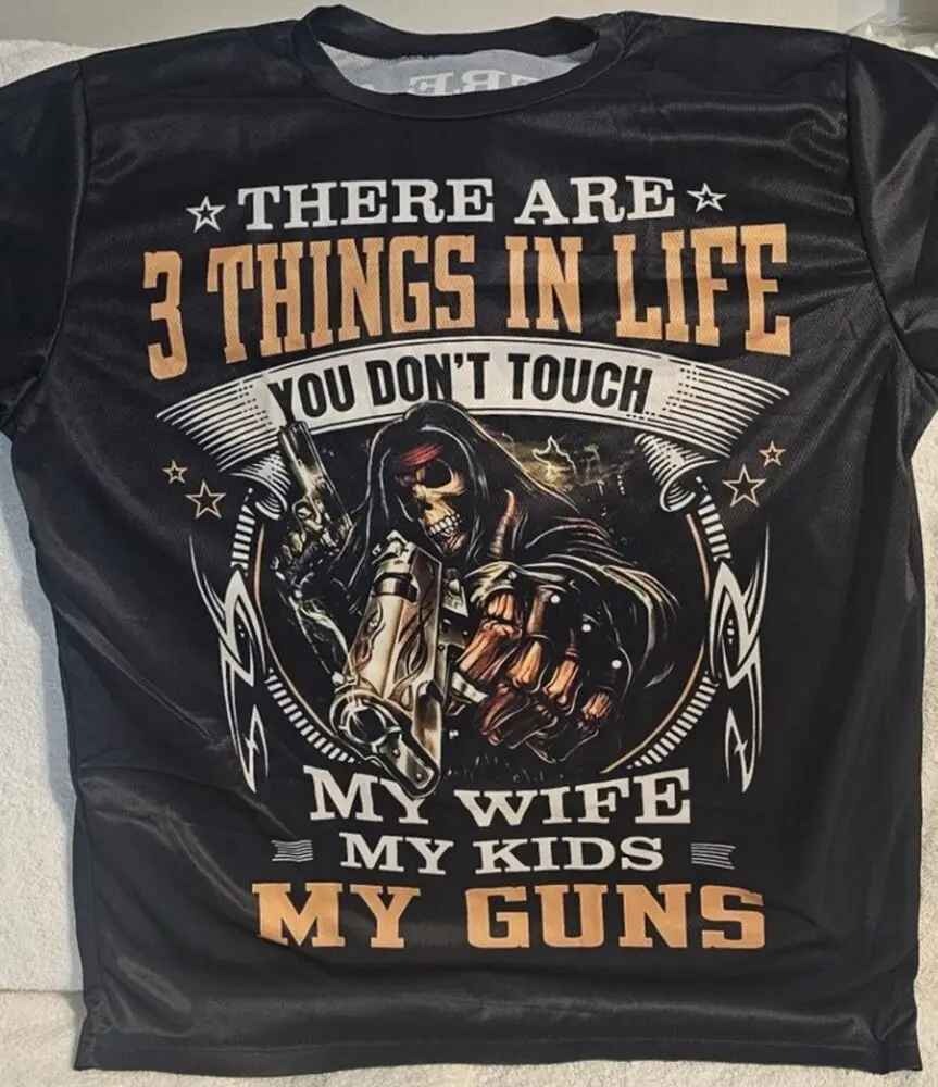 SKELETON GUN PISTOL FUNNY HUMOR DON'T TOUCH WIFE KIDS GUNS T-SHIRT