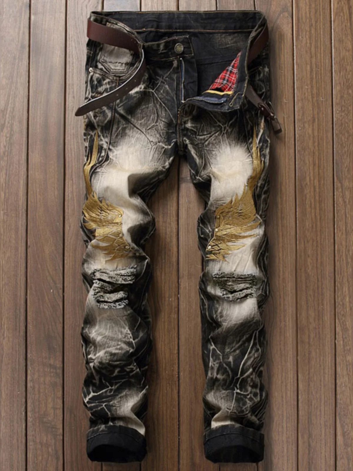 

Original Men's Jeans with Embroidered Wings Hole Punching Straight Leg Slim Fit Long Pants Retro Style Casual Youth Fashion