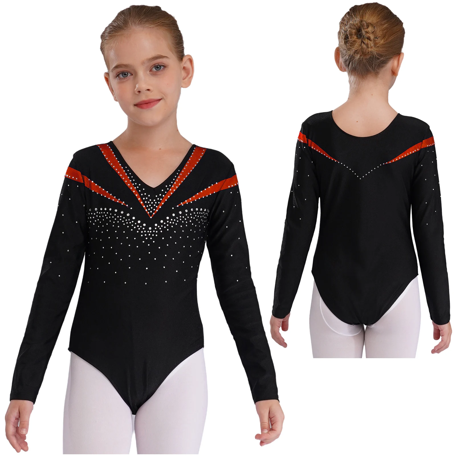 

Kids Girls Gymnastics Leotards Long Sleeve Shiny Rhinestone Decor Slim Fit Bodysuit for Ballet Dance Stage Performance Costume