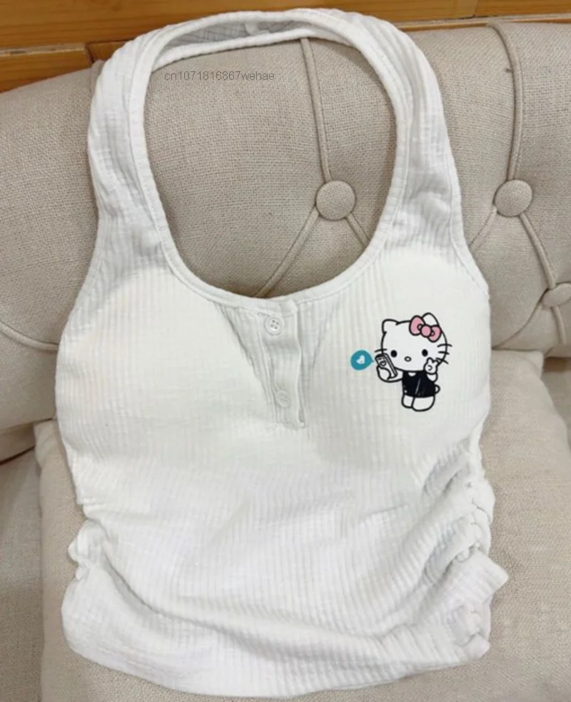 Sanrio Hello Kitty Y2K Blue Pink Tank Tops Women 2023 New Vest Korean Style Tops with Bra for Hot Girls Knitted Underwear Top