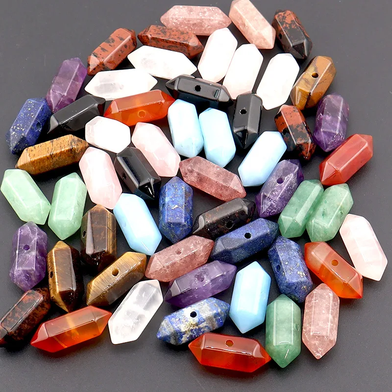 5/10/50pcs Through Hole Beads Natural Stone Double Point Hexagon Column Prism Pendant DIY Jewelry Making Crystal Charms Supplies