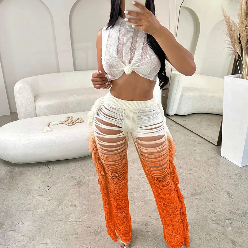 Gradient Color Crochet Two Piece Set for Women Beachwear Knit Crop Top and Wide Leg Pants Tassel Hollow Out Hole Vacation Outfit