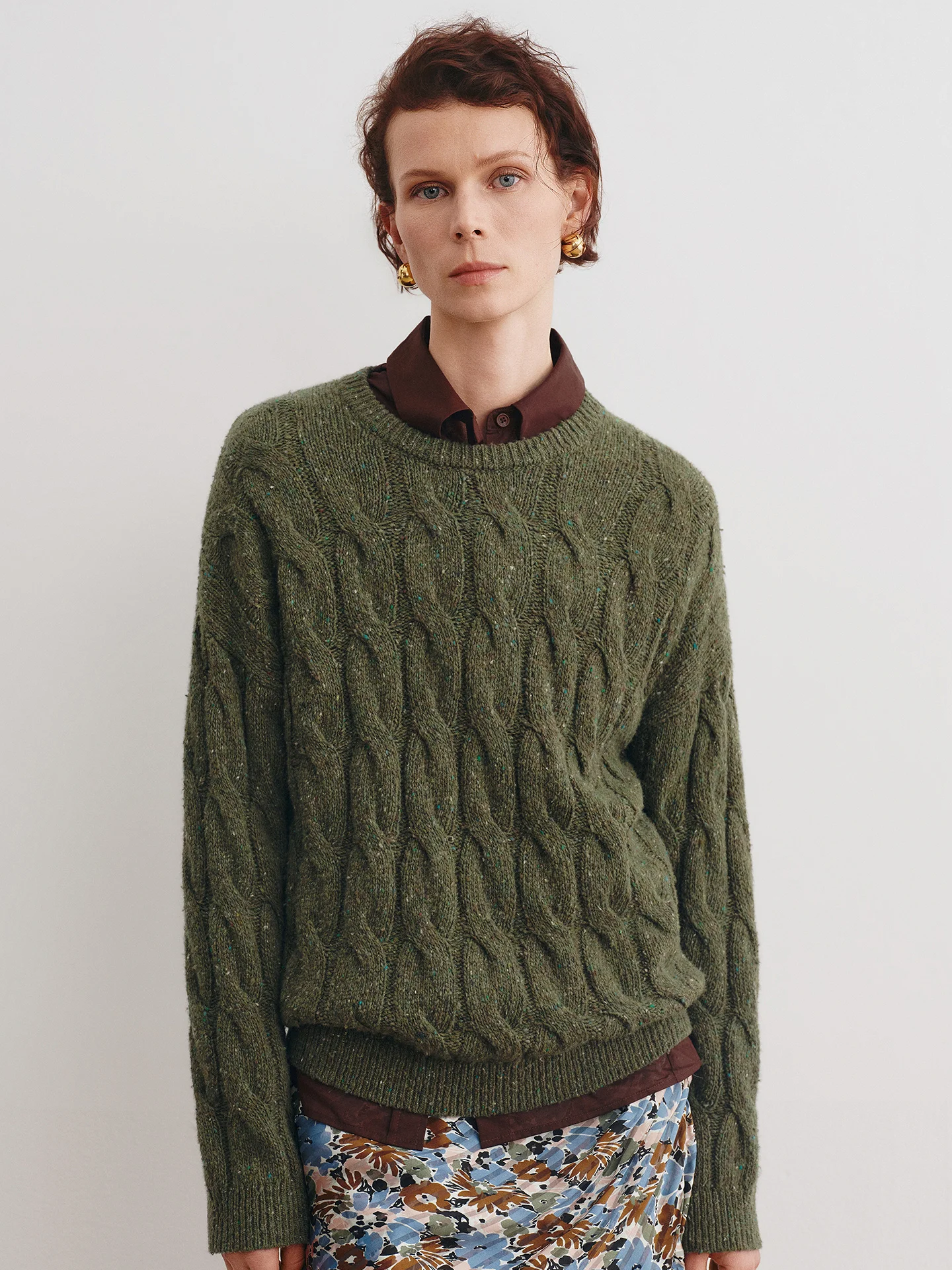 

Italian Forest Sle Knitted Wool Blend Sweater Twist Flower Dot Mixed Fiber Women's Long Sve round Ne Top