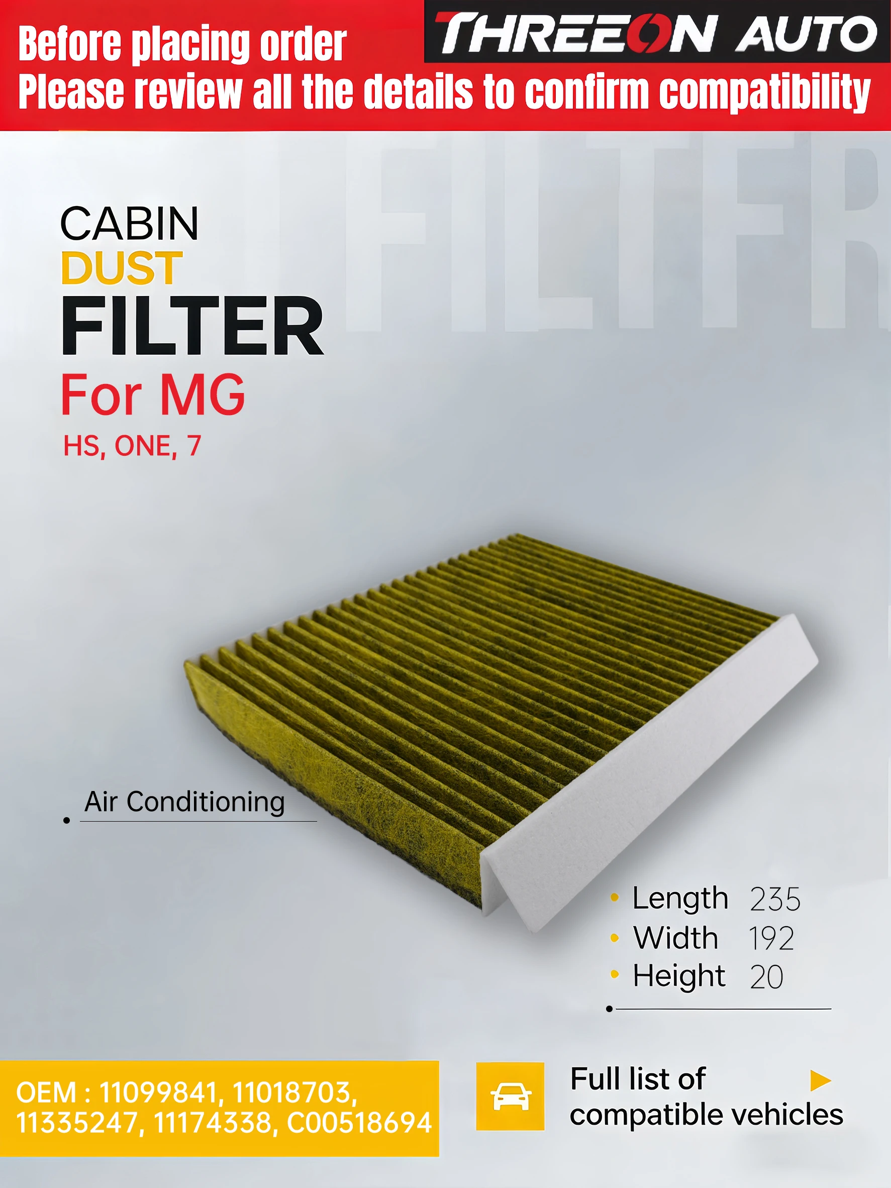 For MG HS mk2, MG ONE, MG 7 2024-2026 1.5L Turbo Engine 11099841 11018703 C00518694 CUK24054 TOC9586P THREEON Cahin Air Filter