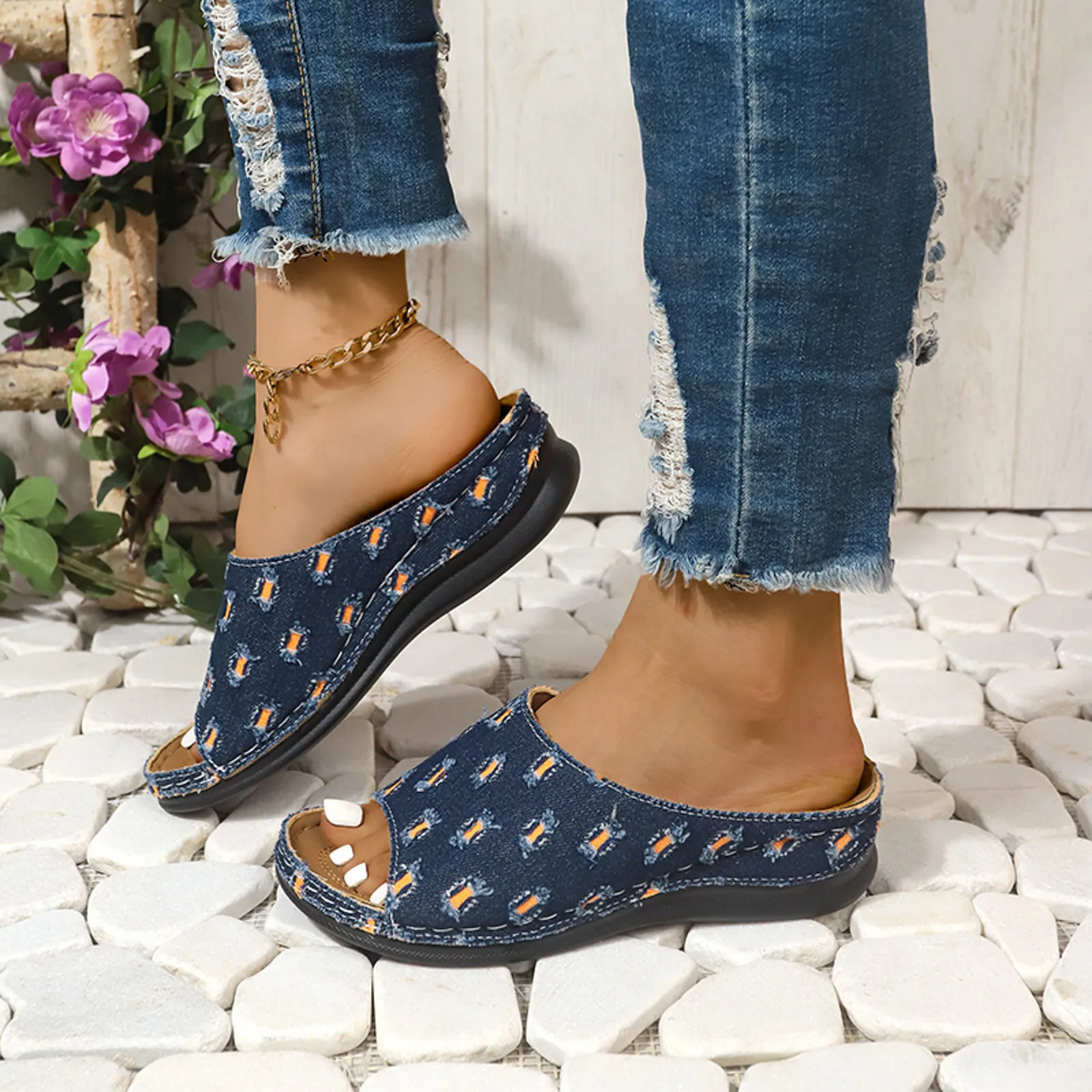 كعب للنساء ، مرقع من الدنيم ، ملابس خروج للشاطئ ، حجم كبير ، كعب منحدر ، صنادل ، نعال ، أحذية للسيدات ، الصيف ، #3