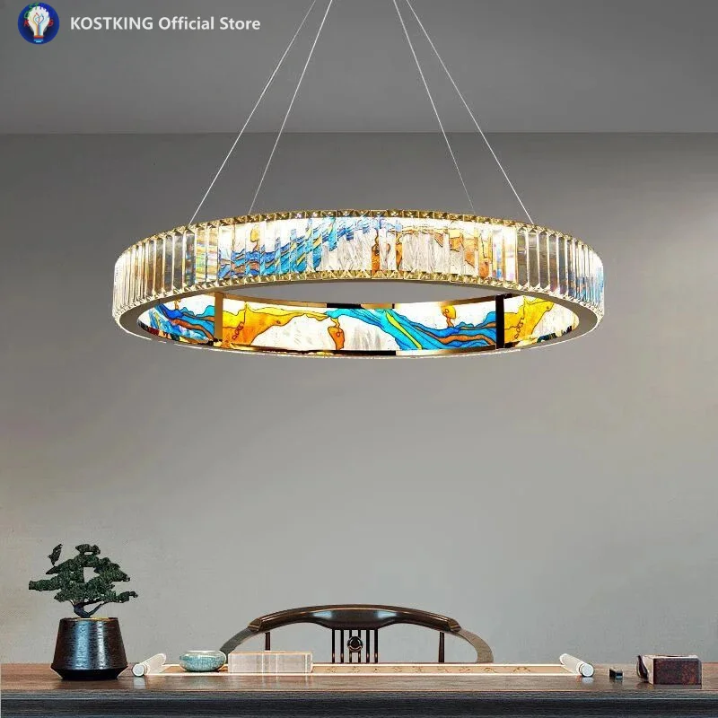 New Chinese enamel crystal ceiling light Fashion luxury LED bedroom study restaurant staircase villa creative hanging light