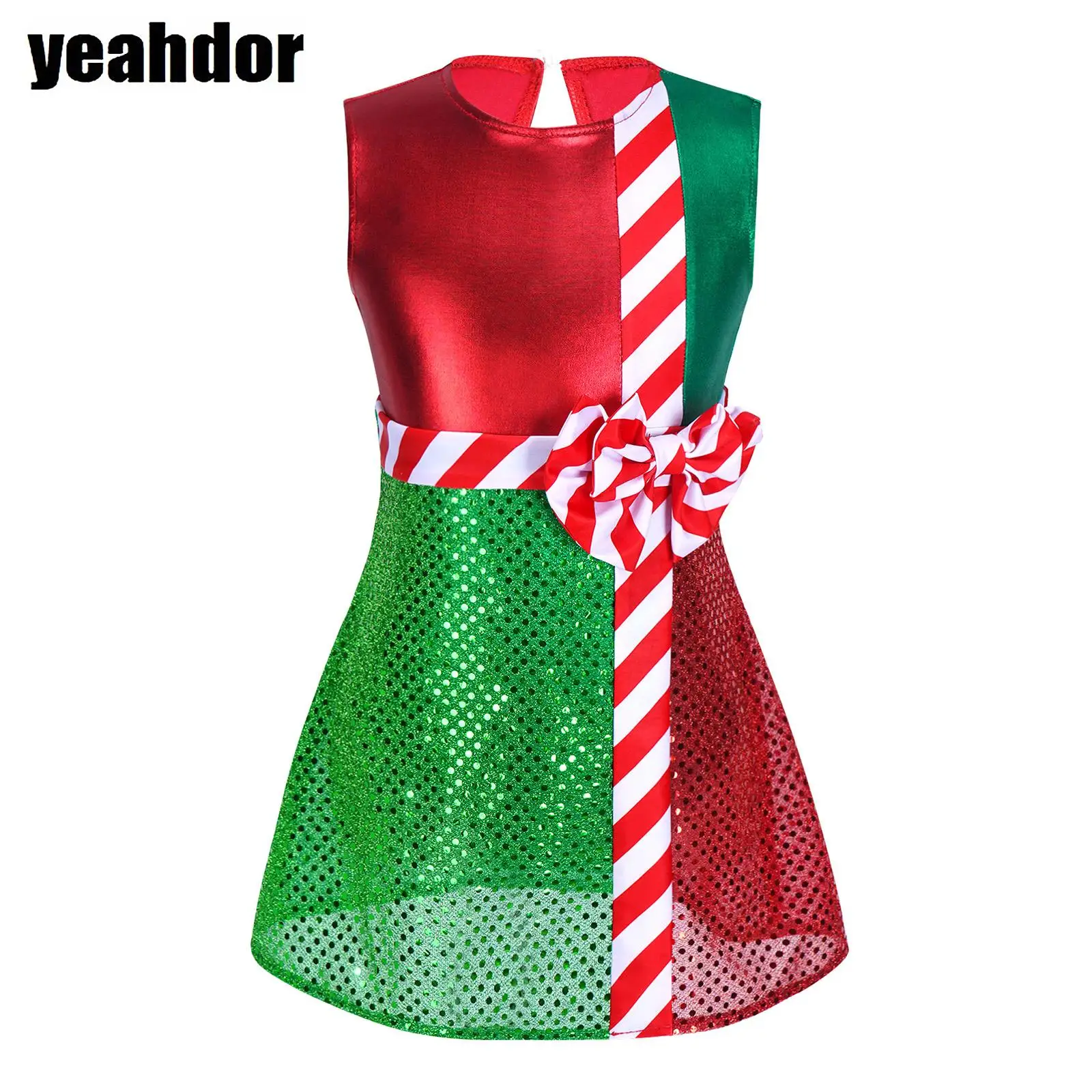 

Girls Christmas Dance Leotard Dress Candy Cane Striped Jumpsuit Sleeveless Shiny Ballet Tutu Dress Santa Claus Cosplay Costumes