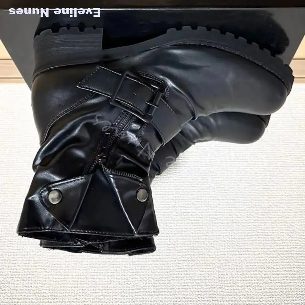 Men Black Moto Biker Boots Round Toe Chunky Block Heel Lug Sole Buckle Strap Fold Over Snap Button Punk Motorcycle Mid Calf Boot