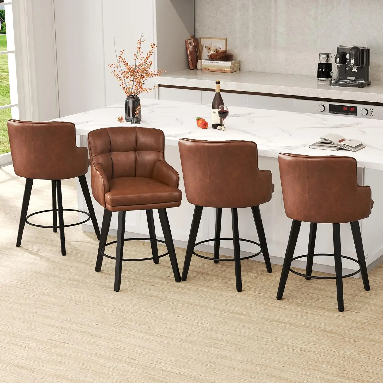 Bar Stools Set com Costas, 360 ° Giratória, Contra Altura, Pernas de Madeira Maciça, Brown Bar Stool, Modern Kitchen Island Cadeiras, 26 polegadas, Conjunto de 4