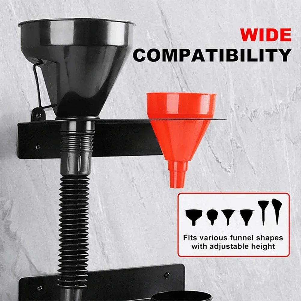 Space Saving Wall Mounted Funnel Holder with Two Drip Cups Fits Funnels 5 to 16 Inches for Garage Organization