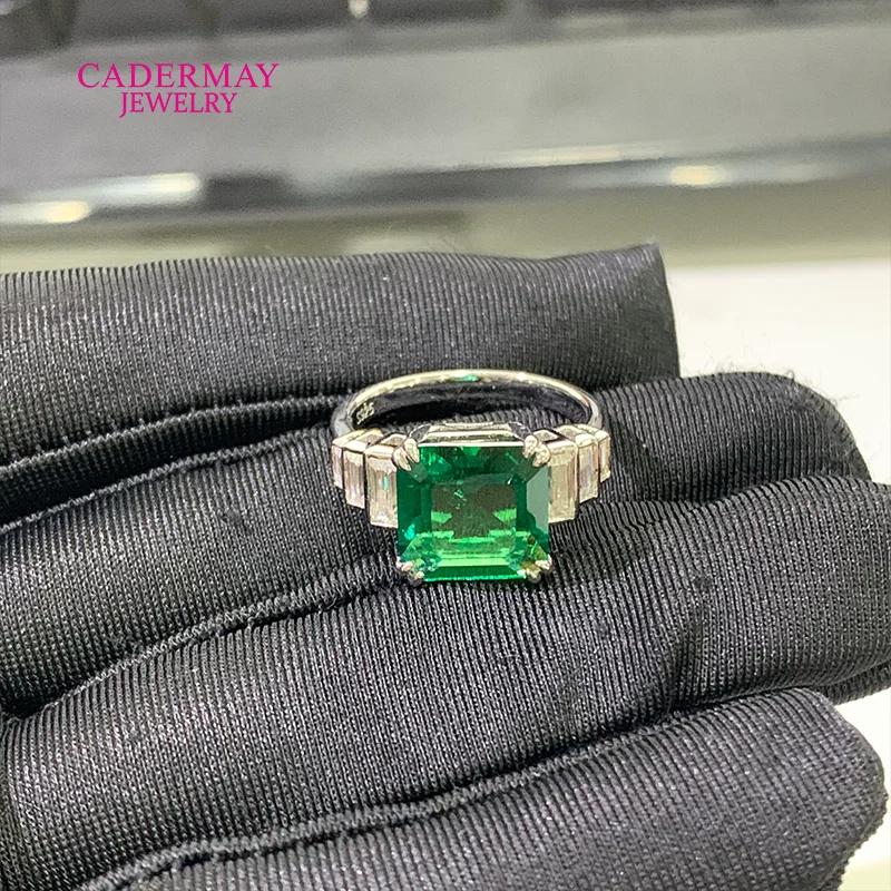 Cadermay 925 Silver 10mm Asscher Cut Muzuo Green Lab Emerald Ring Bezel Setting Moissanite Engagement Promise Rings Women Gift