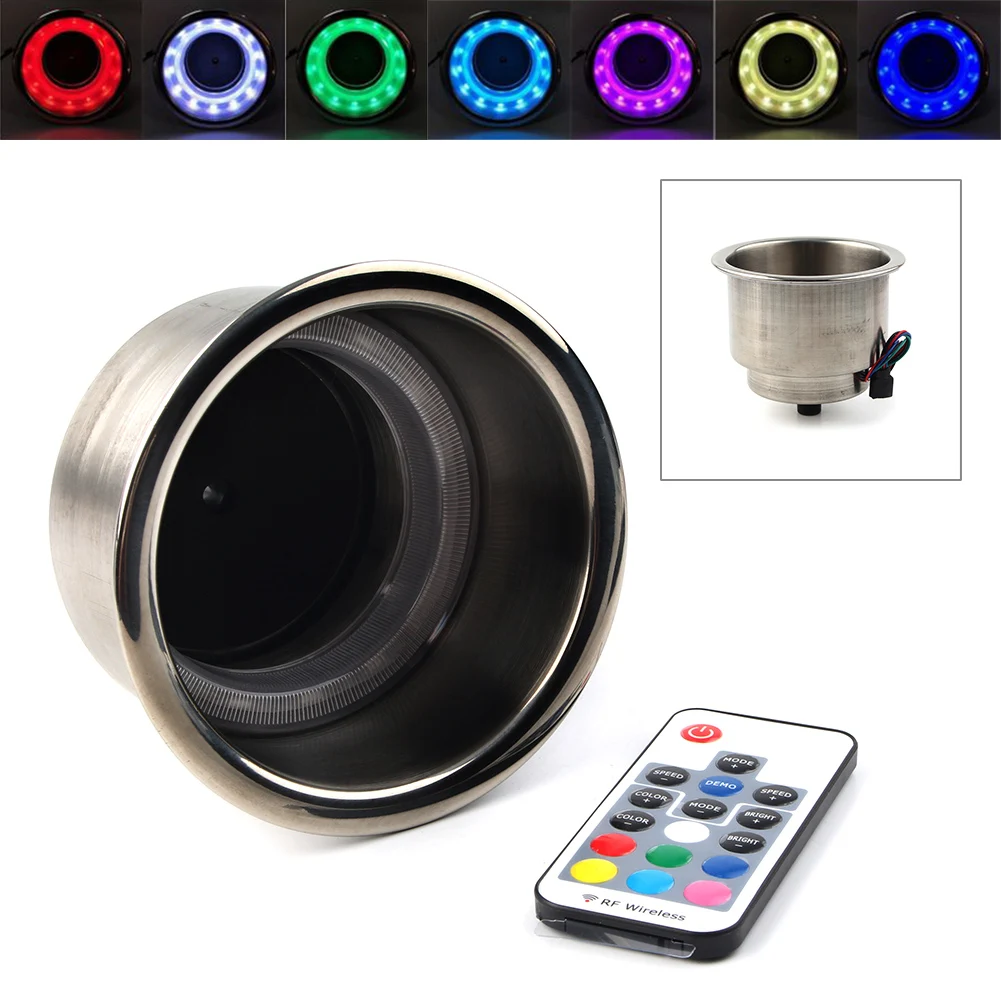 7Colors DC 12V Colorful LED RGB Stainless Steel Drink Cup Holder with Remote Control For Marine RV Truck Cars